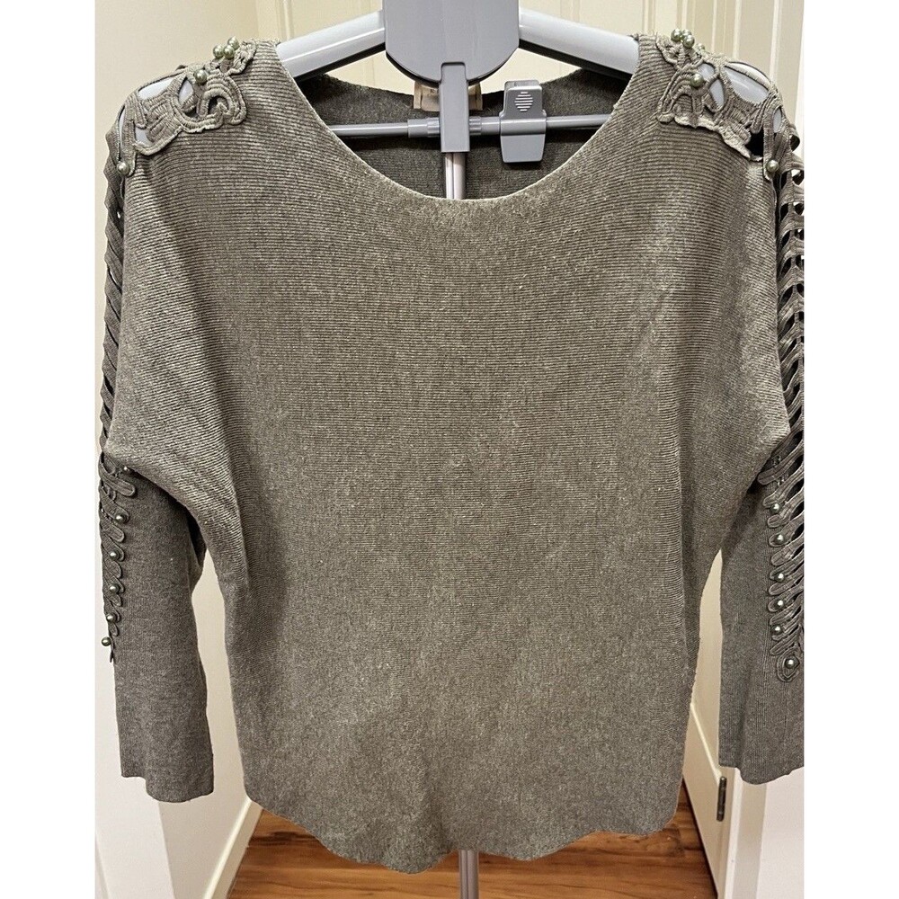 Ember Gray Large Sweater Off White Pearls Cut Out Sleeves Women’s